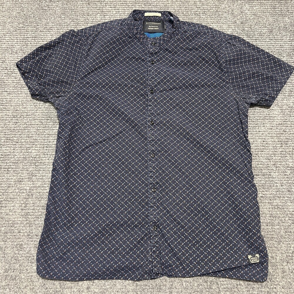 Scotch & Soda Shirt Mens Large Blue Geometric Short Sleeve Cotton Button Up